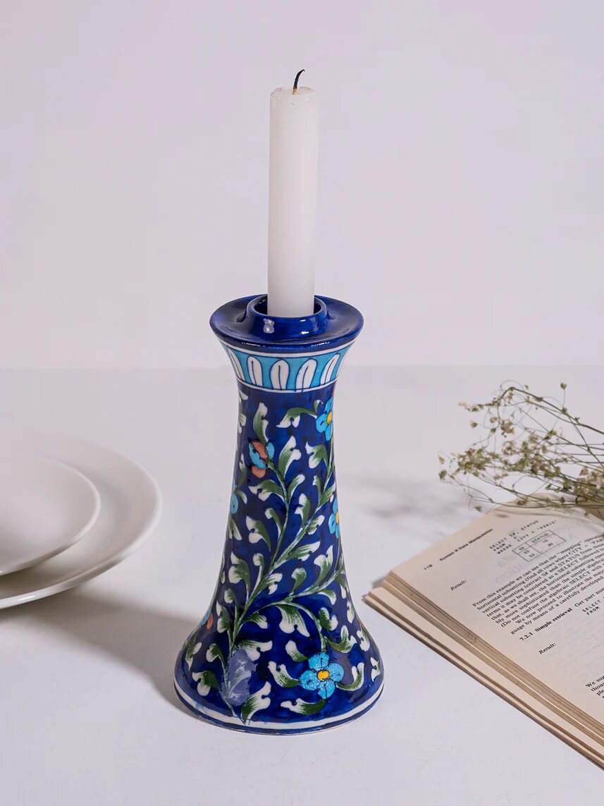Navy Floral Vine Candle Stand — Jaipur Blue Pottery