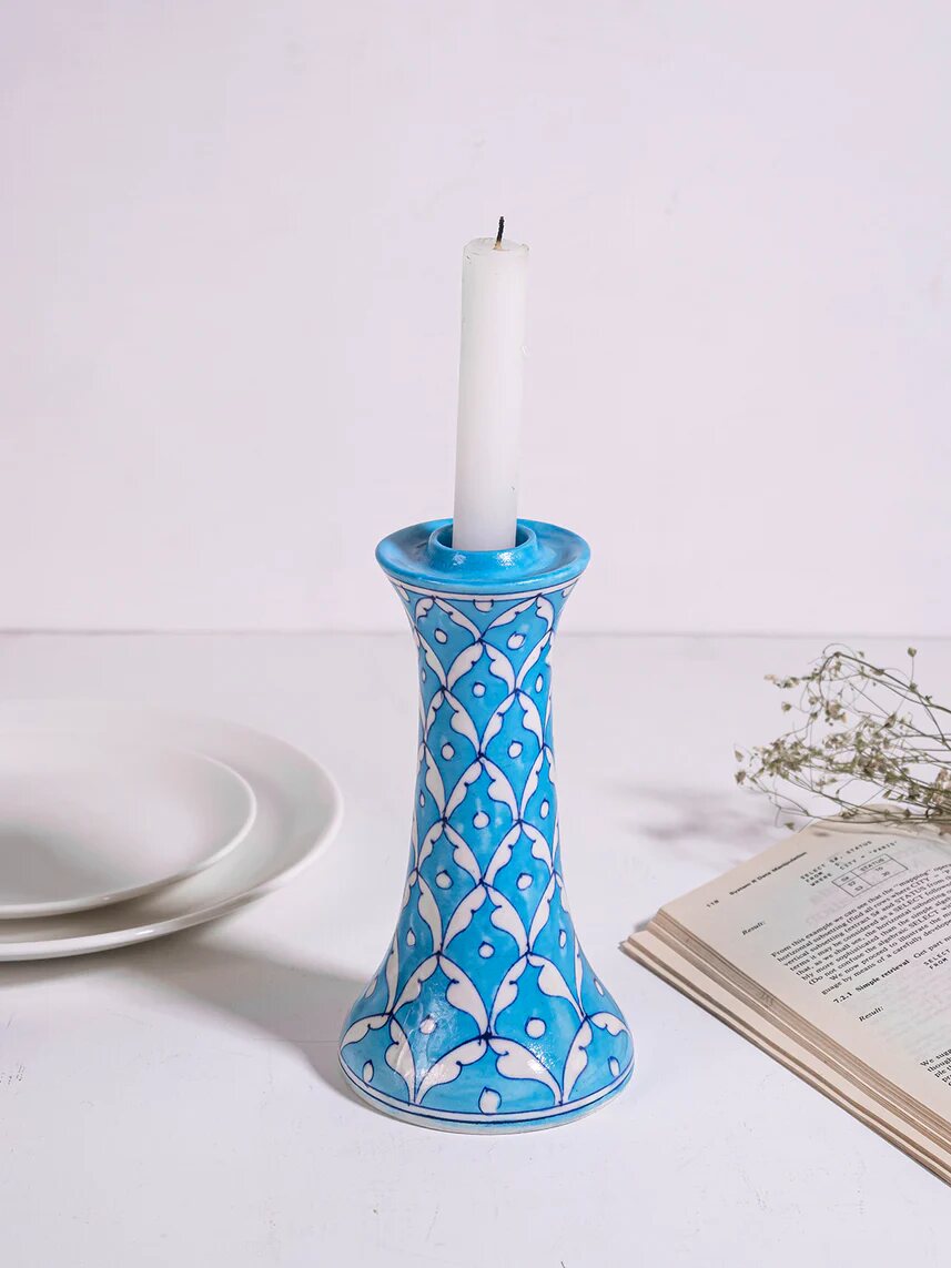 Turquoise Geometric Candle Stand — Jaipur Blue Pottery