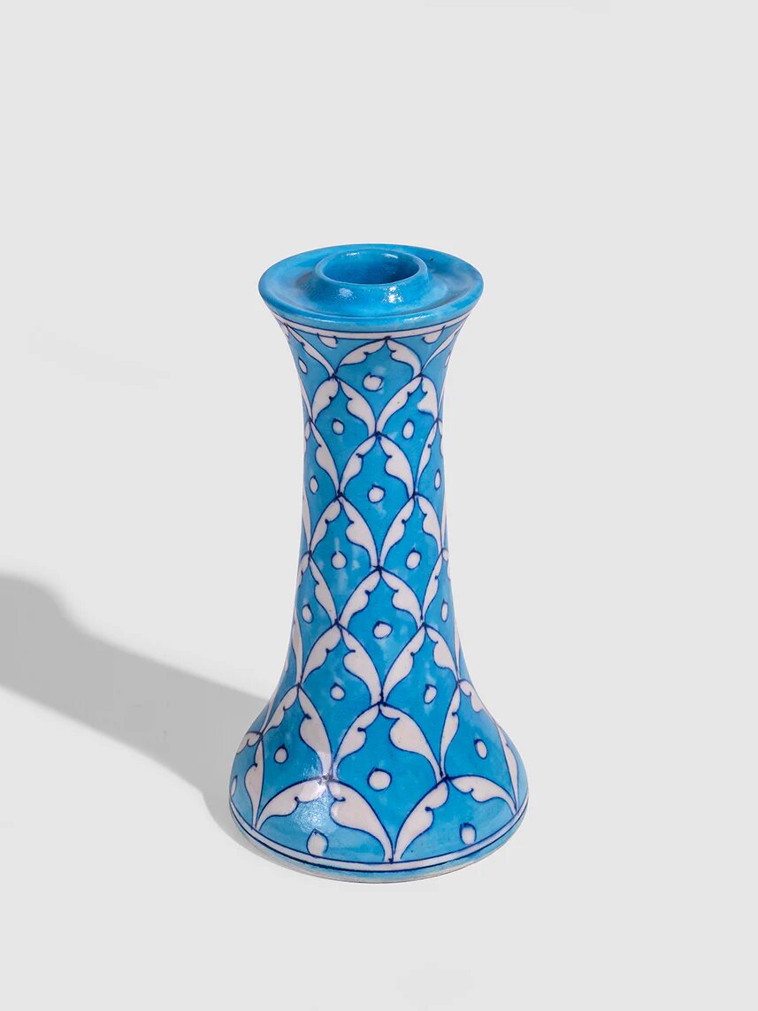 Turquoise Geometric Candle Stand — Jaipur Blue Pottery