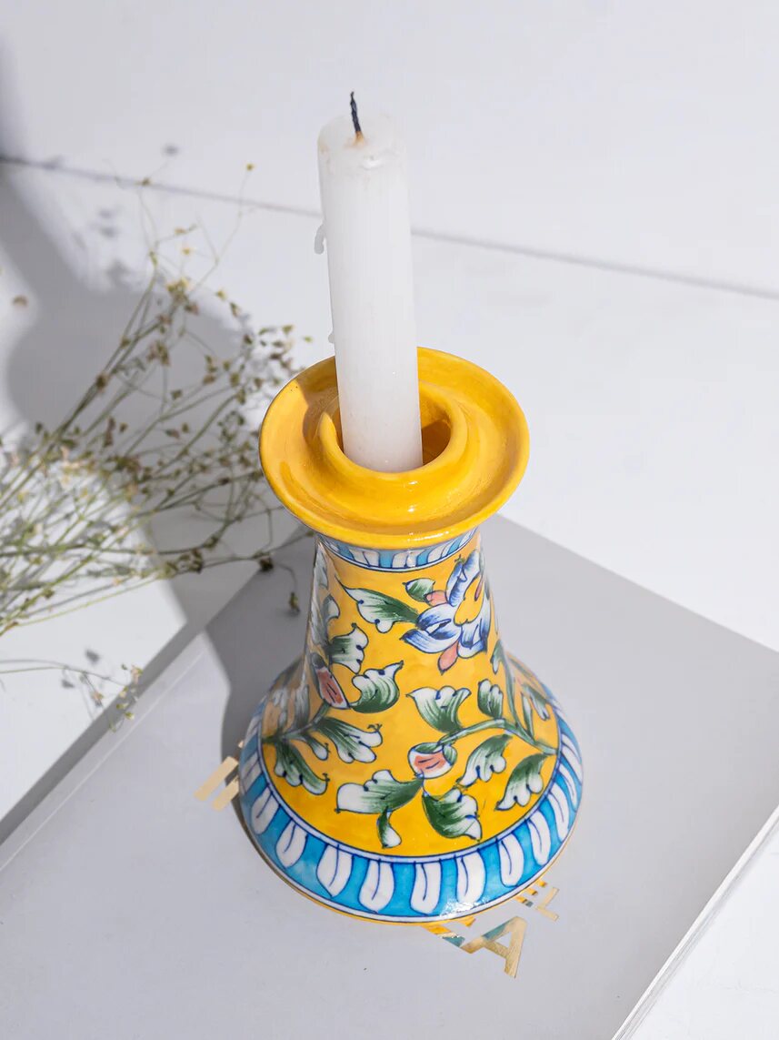 Yellow Floral Candle Stand — Jaipur Blue Pottery