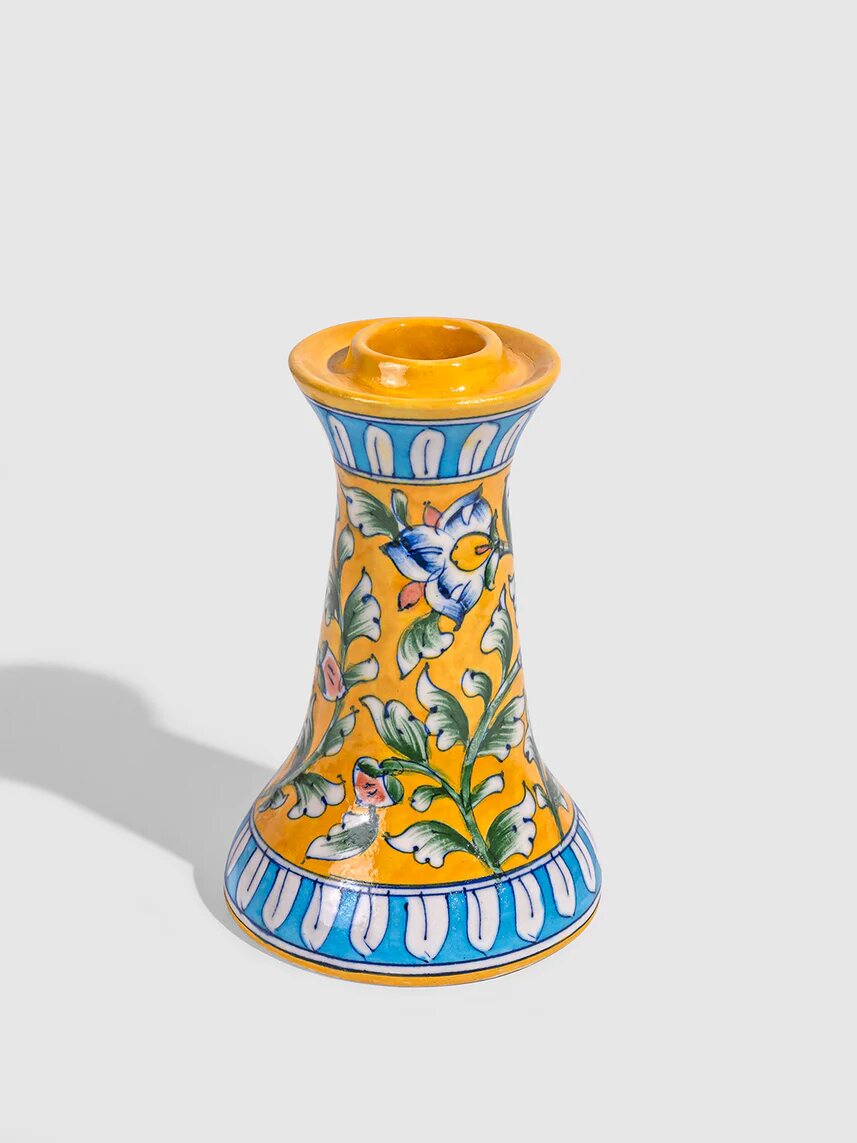 Yellow Floral Candle Stand — Jaipur Blue Pottery