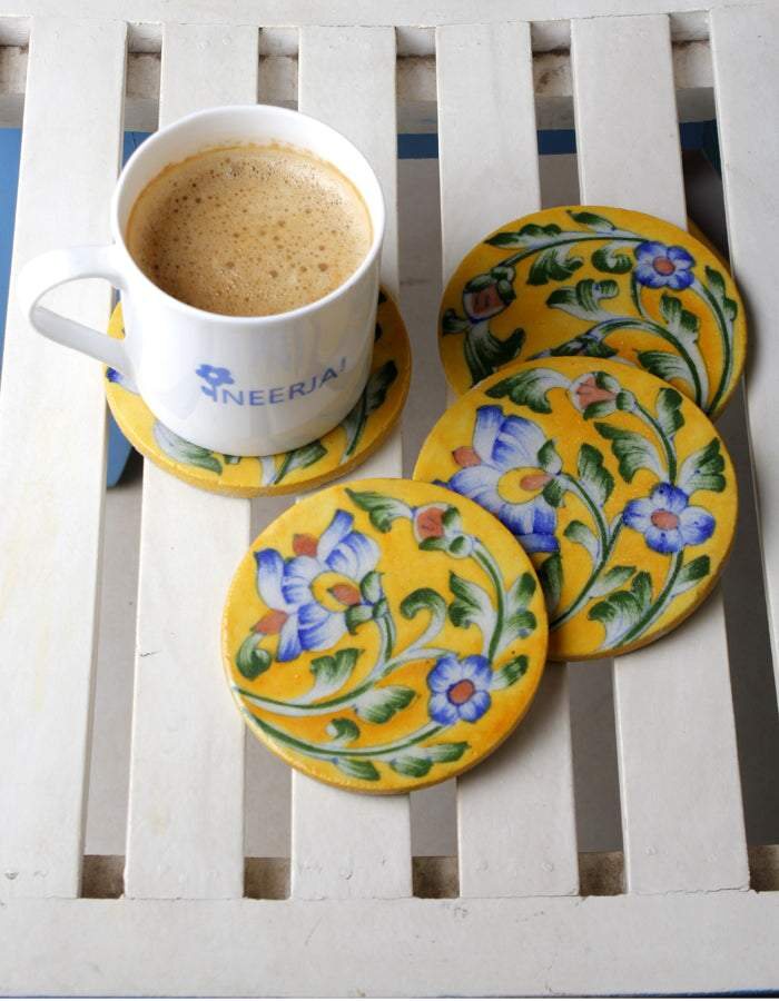 Yellow Floral Coaster Set with Box — Jaipur Blue Pottery