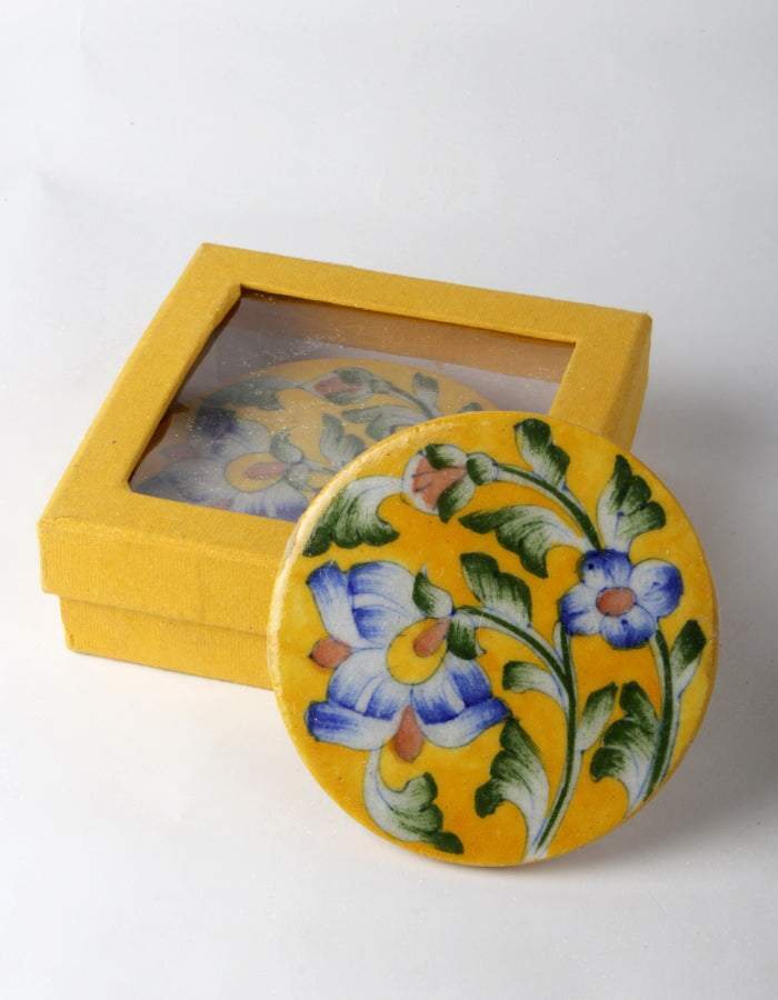 Yellow Floral Coaster Set with Box — Jaipur Blue Pottery