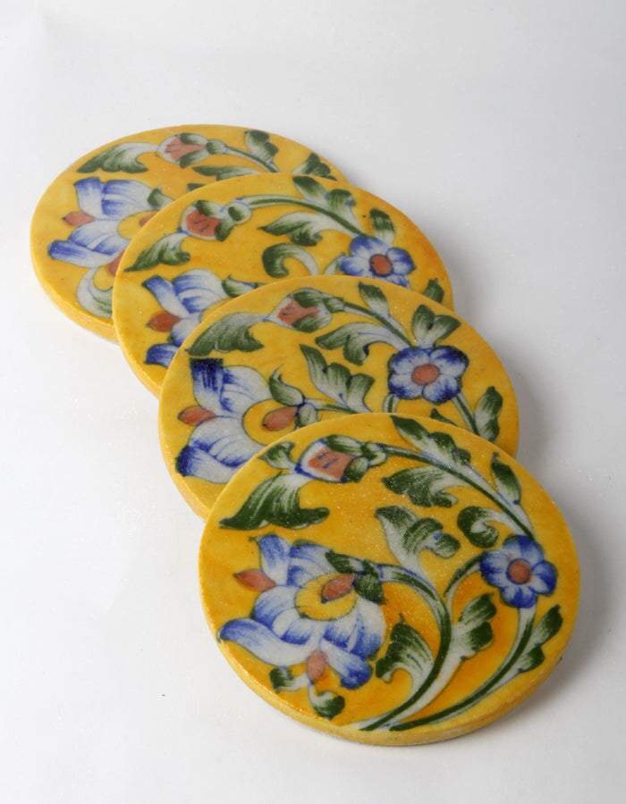 Yellow Floral Coaster Set with Box — Jaipur Blue Pottery