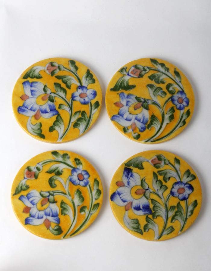 Yellow Floral Coaster Set with Box — Jaipur Blue Pottery