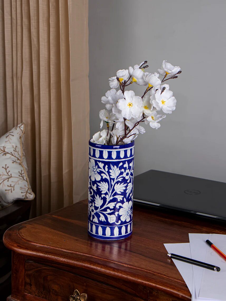 Black & White Patterned Cylinder — Jaipur Blue Pottery