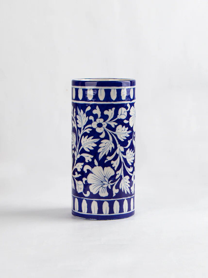 Black & White Patterned Cylinder — Jaipur Blue Pottery
