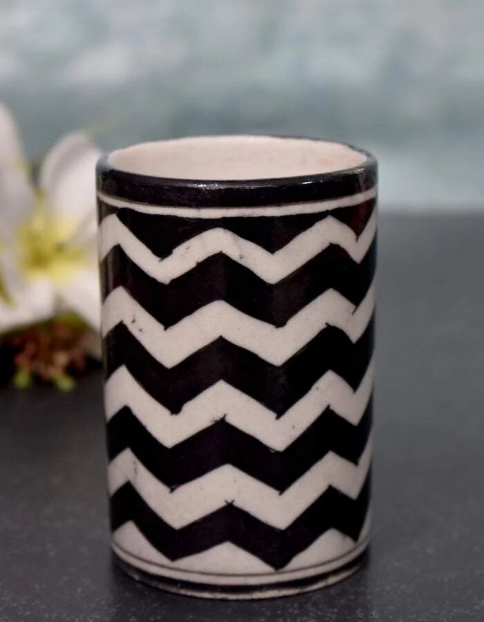 Black & White Patterned Cylinder — Jaipur Blue Pottery