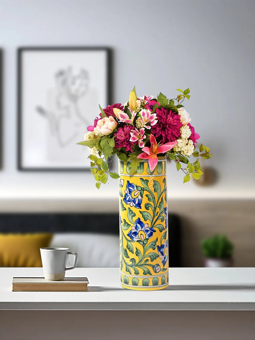 Blue and yellow hand-painted Jaipur Blue Pottery cylinder vase
