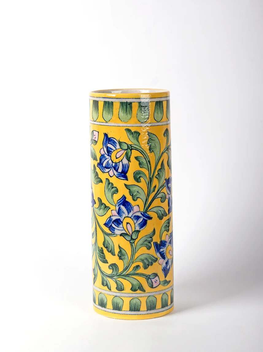 Yellow Floral Cylinder Vase — Jaipur Blue Pottery