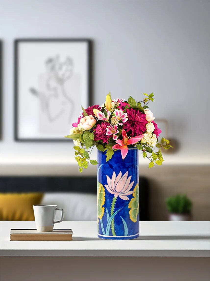 Yellow Floral Cylinder Vase — Jaipur Blue Pottery