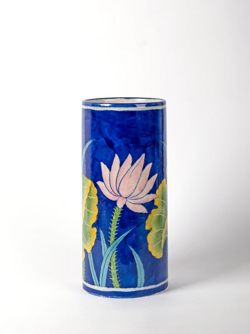 Yellow Floral Cylinder Vase — Jaipur Blue Pottery