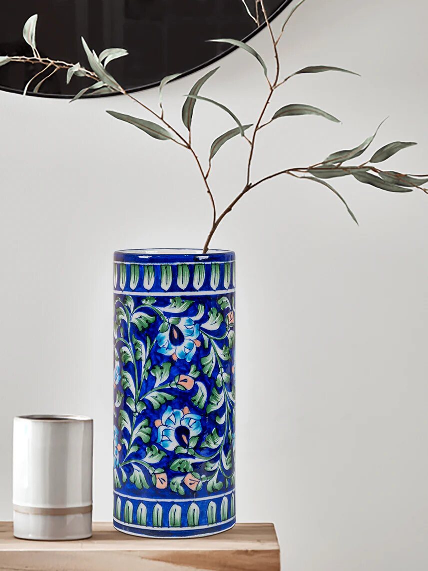 Blue Botanical Flower Vase — Jaipur Blue Pottery