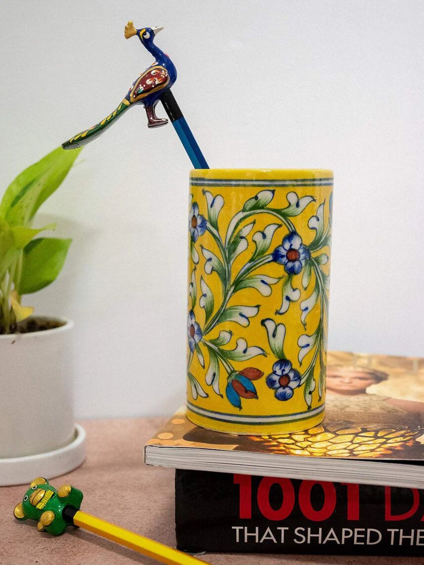 Yellow Botanical Cylinder Stand — Jaipur Blue Pottery