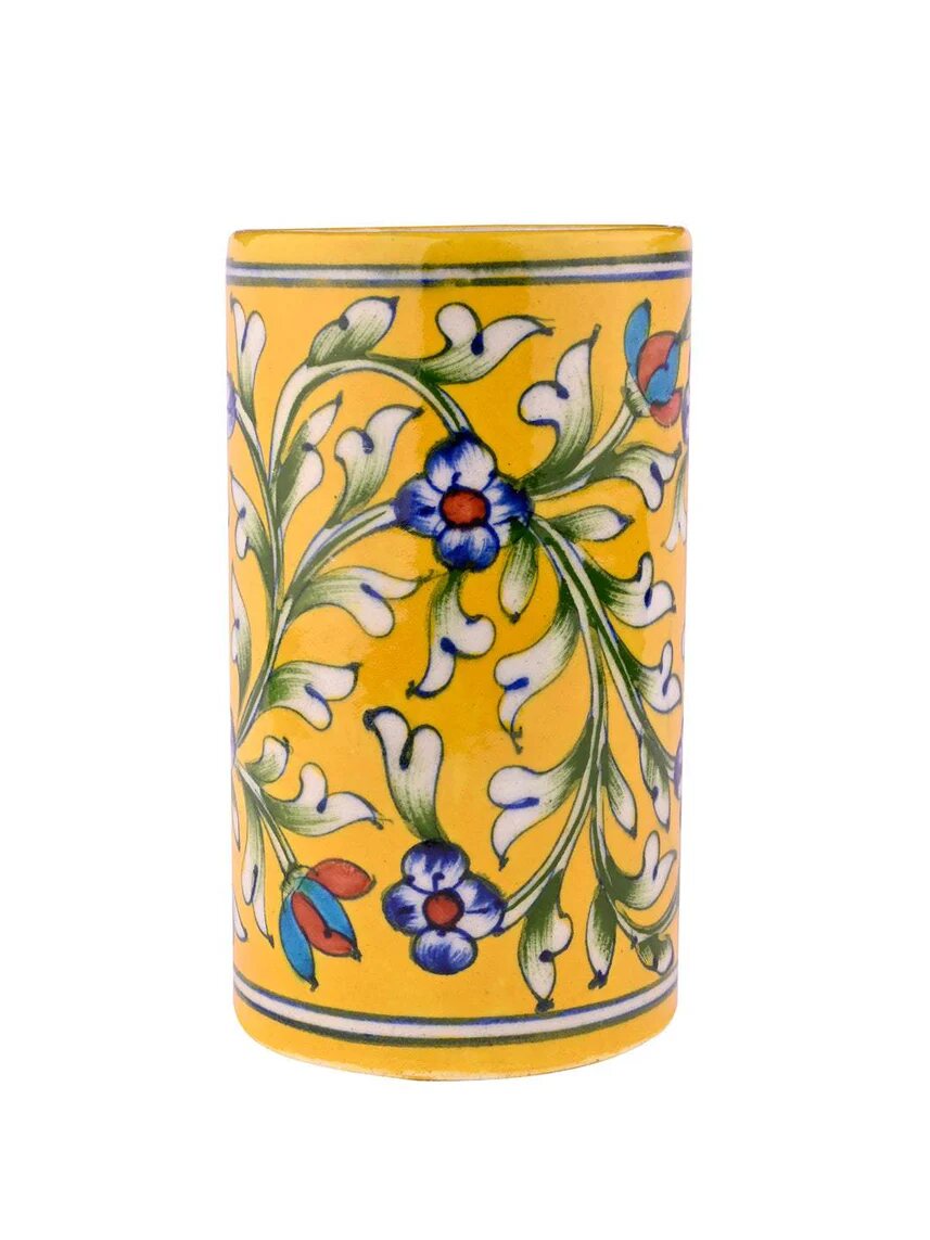 Yellow Botanical Cylinder Stand — Jaipur Blue Pottery