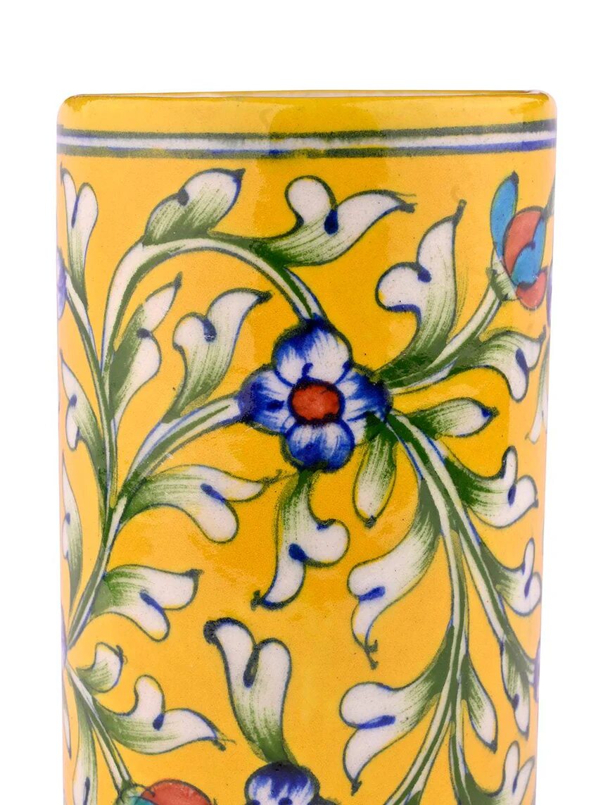Yellow Botanical Cylinder Stand — Jaipur Blue Pottery