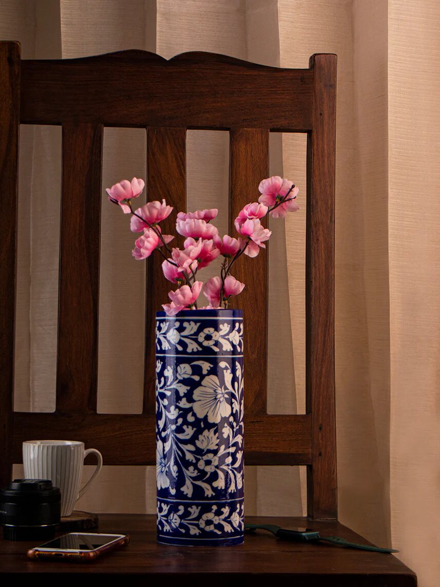 Blue & White Flower Vase — Jaipur Blue Pottery