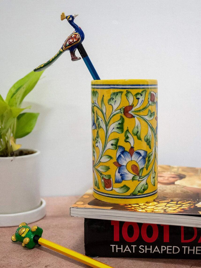Yellow Floral Pen Stand — Jaipur Blue Pottery
