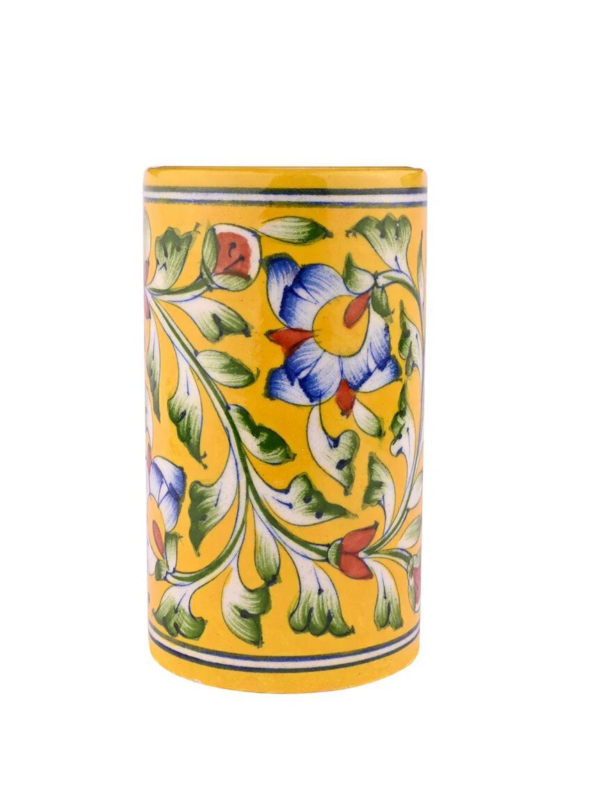 Yellow Floral Pen Stand — Jaipur Blue Pottery