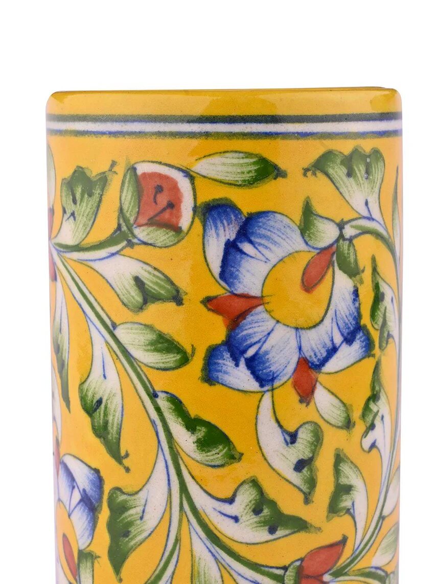 Yellow Floral Pen Stand — Jaipur Blue Pottery