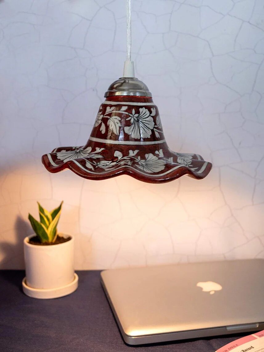 Brown Floral Hanging Lamp — Jaipur Blue Pottery