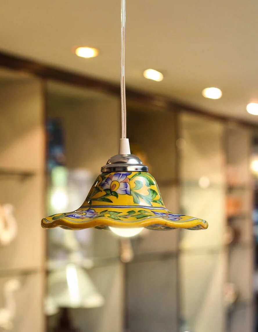 Yellow Floral Hanging Lamp — Jaipur Blue Pottery