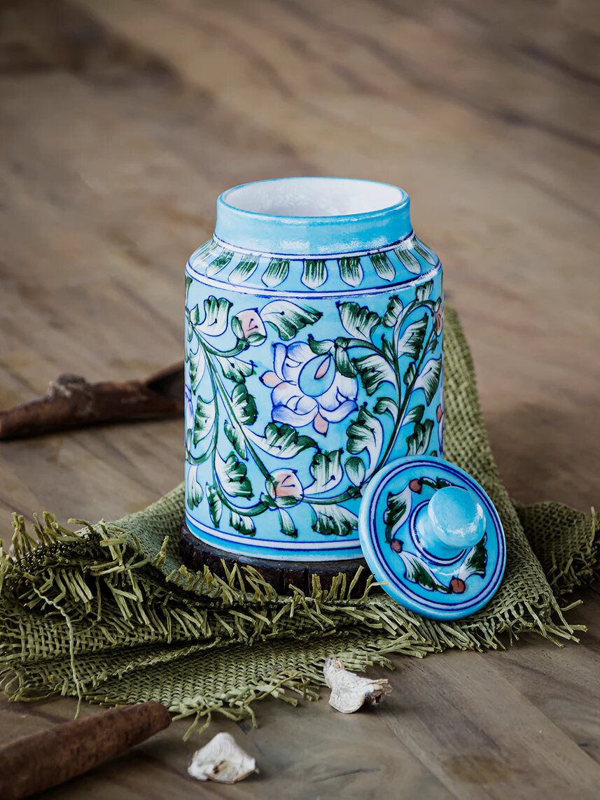 Blue and turquoise hand-painted Jaipur Blue Pottery canister