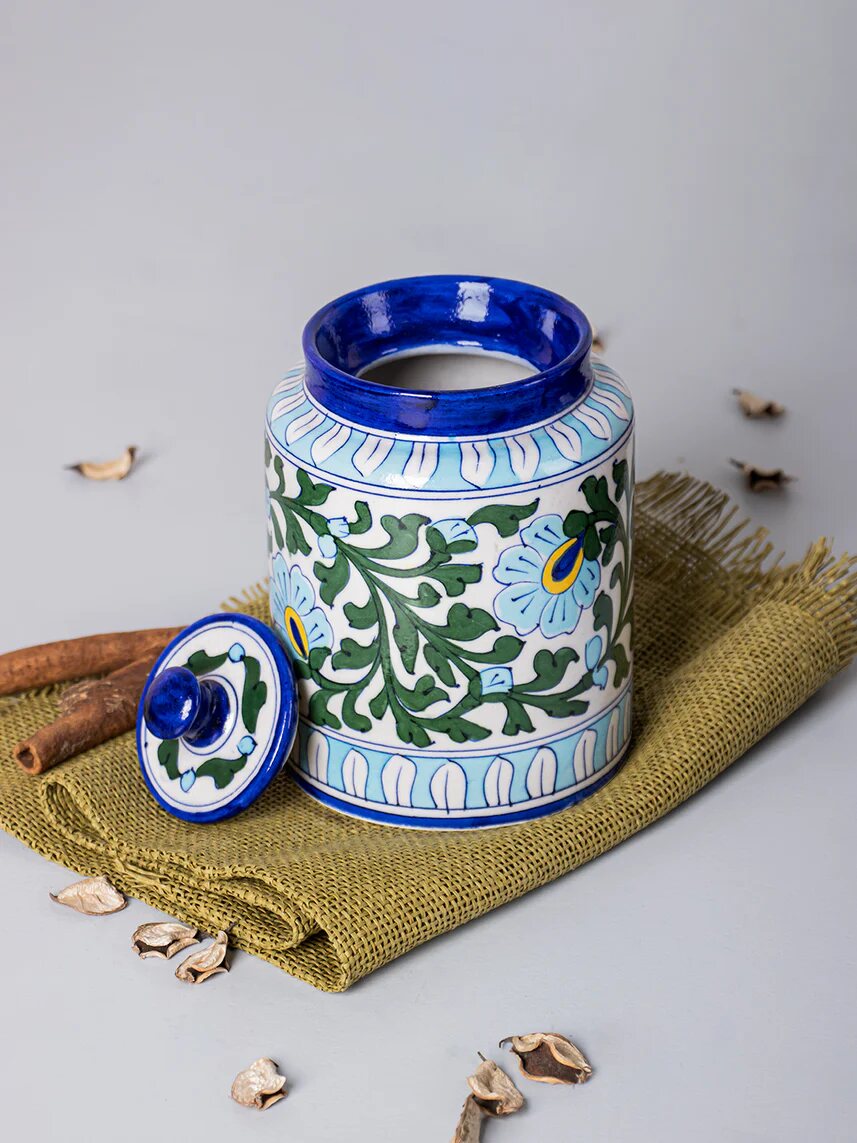 Large Turquoise Floral Jar — Jaipur Blue Pottery