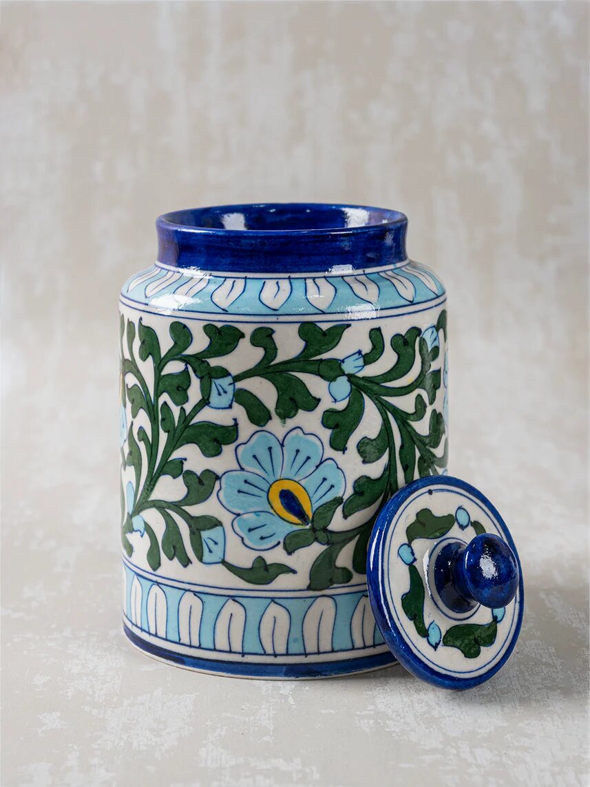 Large Turquoise Floral Jar — Jaipur Blue Pottery