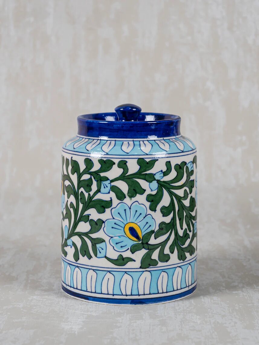 Large Turquoise Floral Jar — Jaipur Blue Pottery