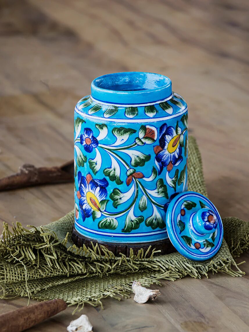 Blue Floral Storage Jar — Jaipur Blue Pottery