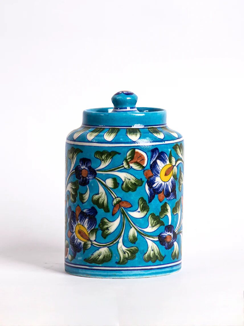 Blue Floral Storage Jar — Jaipur Blue Pottery