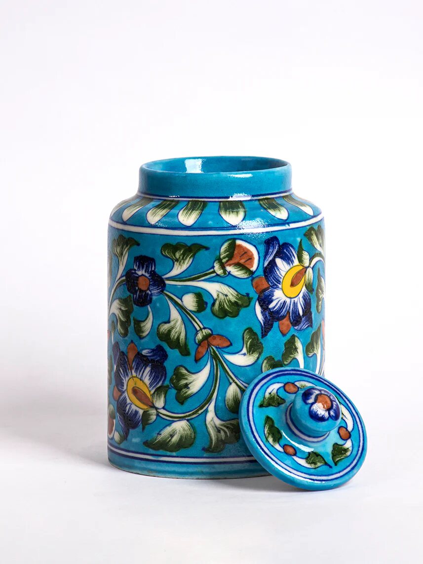 Blue Floral Storage Jar — Jaipur Blue Pottery