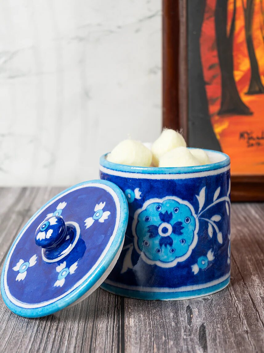 Cobalt Floral Lidded Canister — Jaipur Blue Pottery