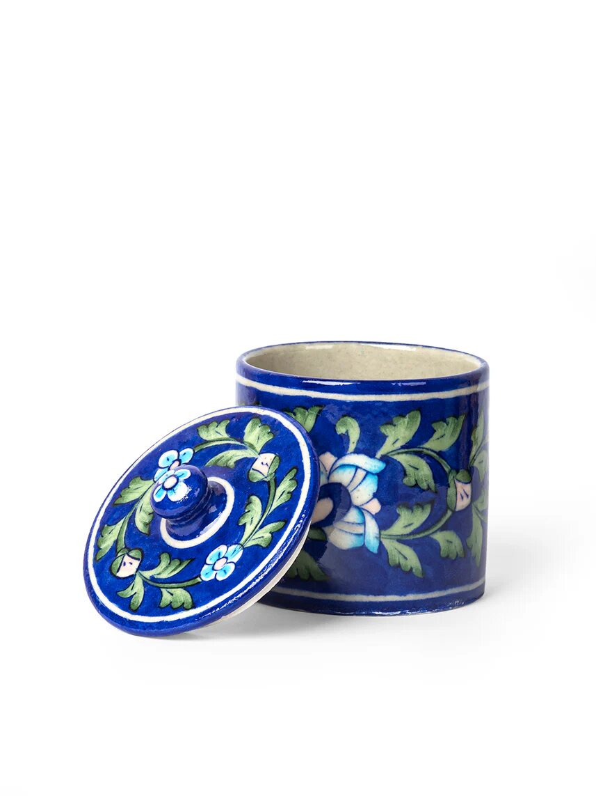 Blue Floral Round Storage Jar — Jaipur Blue Pottery