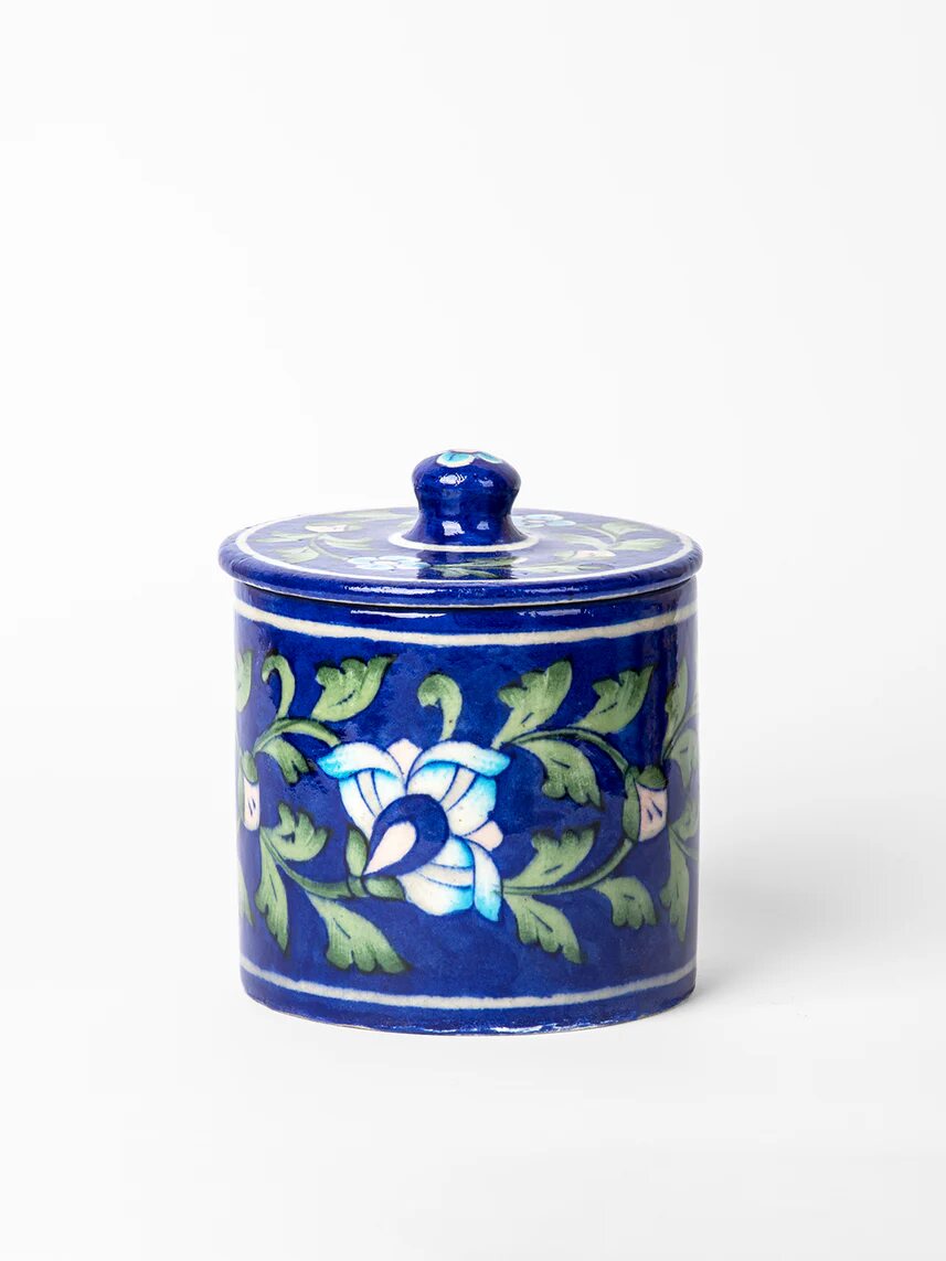 Blue Floral Round Storage Jar — Jaipur Blue Pottery