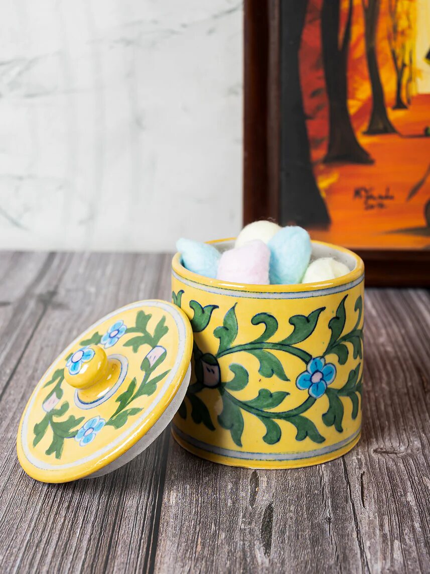Yellow Floral Lidded Canister — Jaipur Blue Pottery