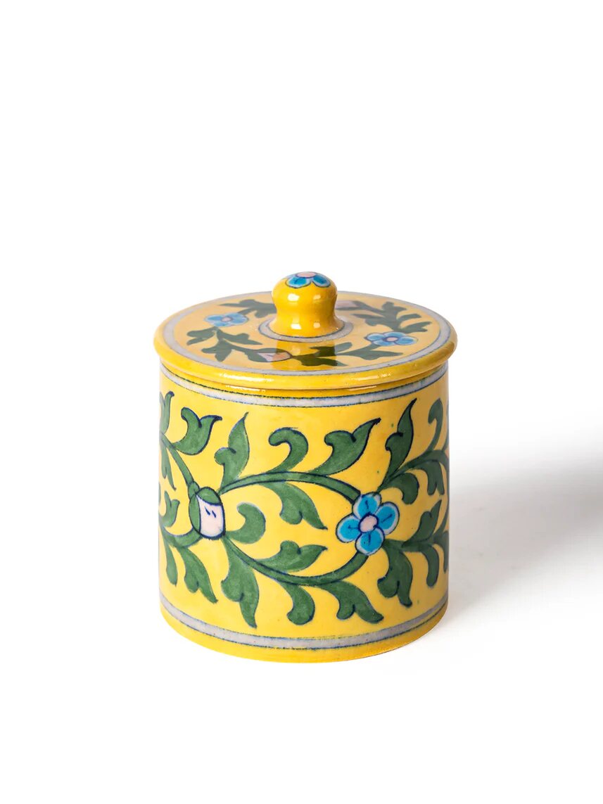 Yellow Floral Lidded Canister — Jaipur Blue Pottery