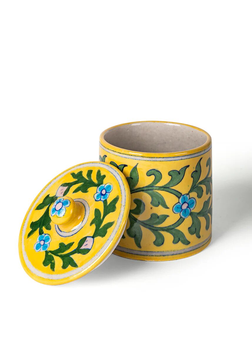 Yellow Floral Lidded Canister — Jaipur Blue Pottery