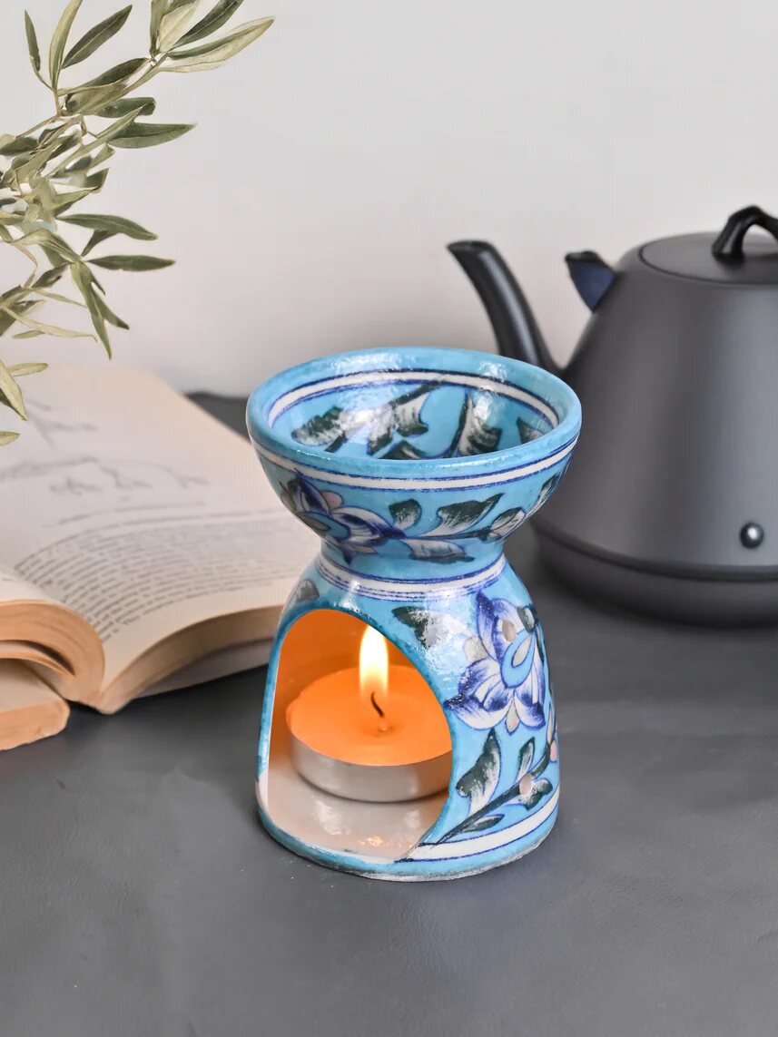 Sky Blue Botanical Oil Burner — Jaipur Blue Pottery