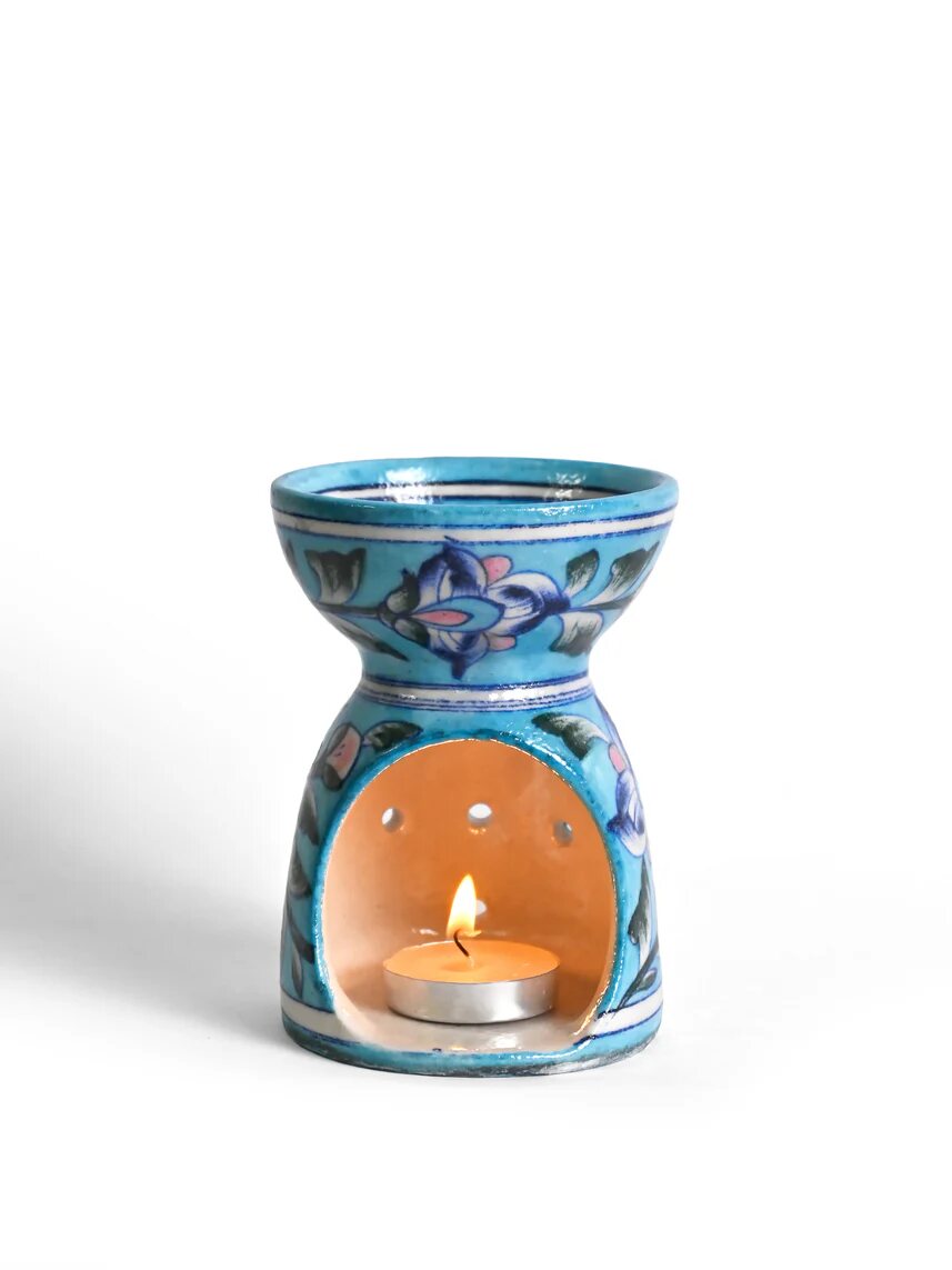 Sky Blue Botanical Oil Burner — Jaipur Blue Pottery