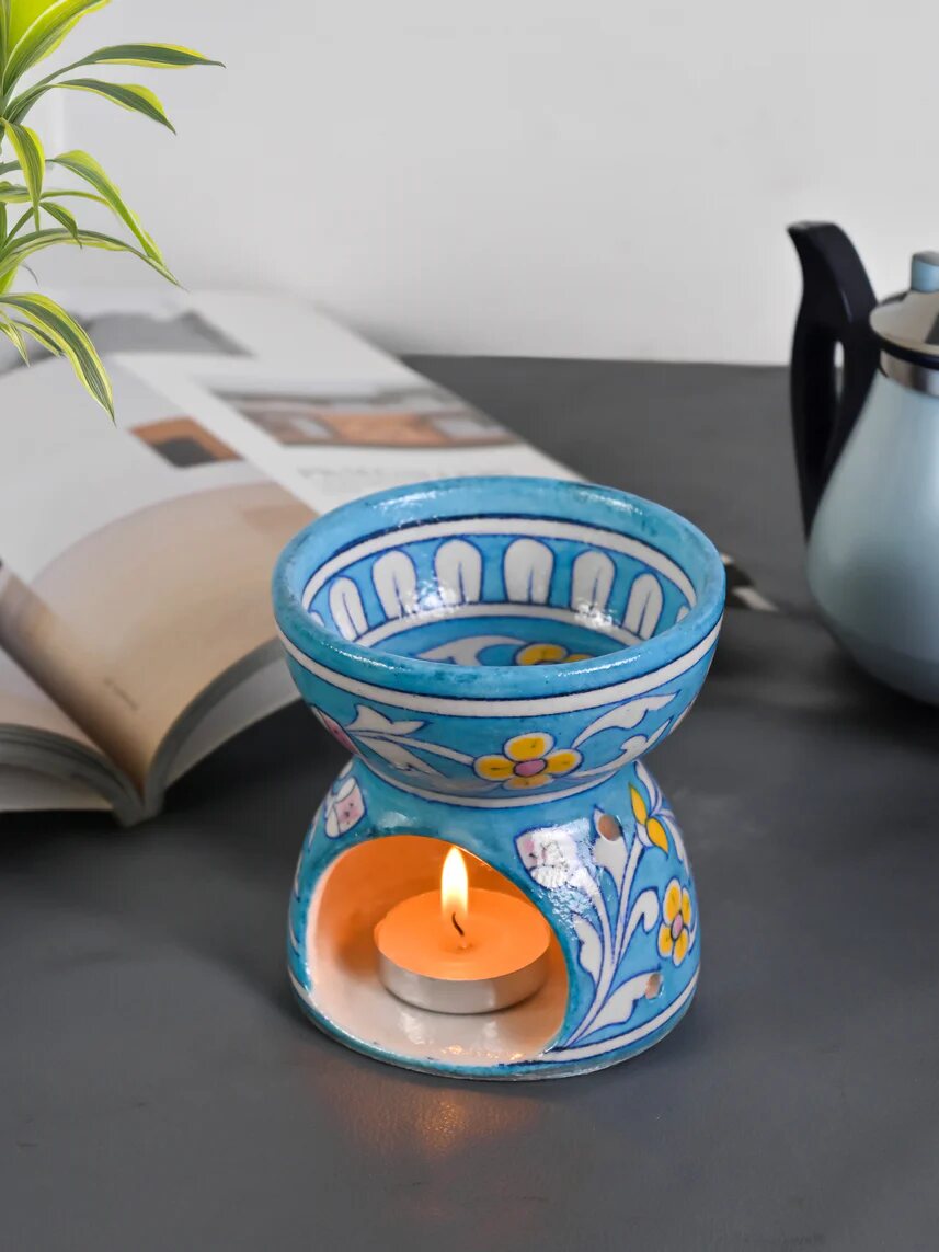Sky Blue Floral Oil Burner — Jaipur Blue Pottery