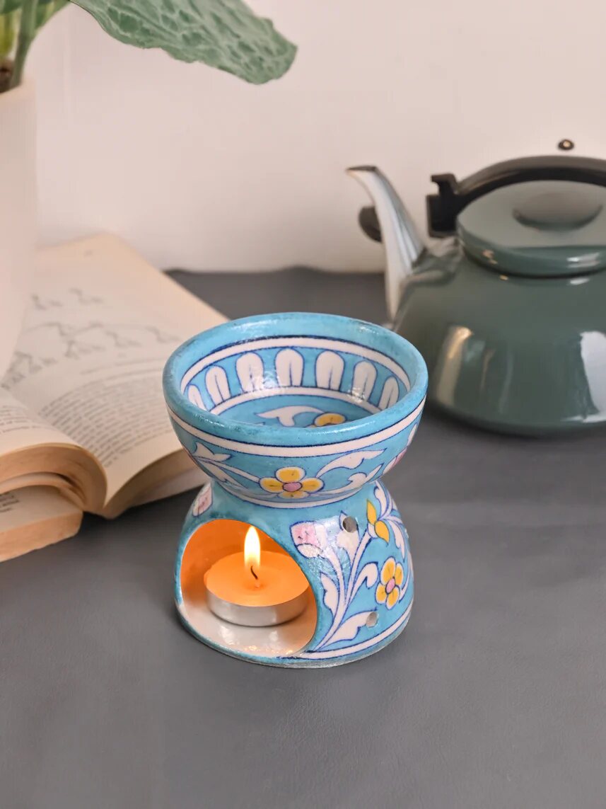 Sky Blue Floral Oil Burner — Jaipur Blue Pottery