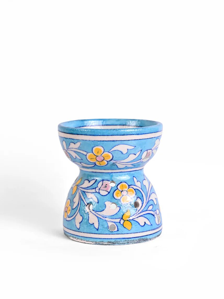 Sky Blue Floral Oil Burner — Jaipur Blue Pottery