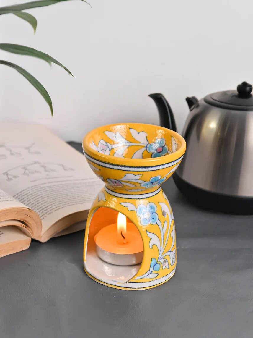 Yellow Floral Oil Burner — Jaipur Blue Pottery
