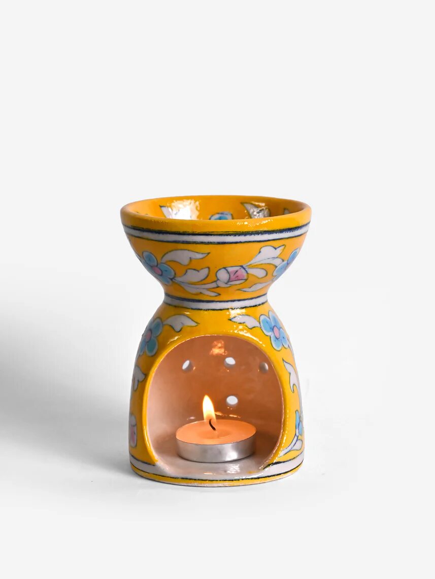 Yellow Floral Oil Burner — Jaipur Blue Pottery