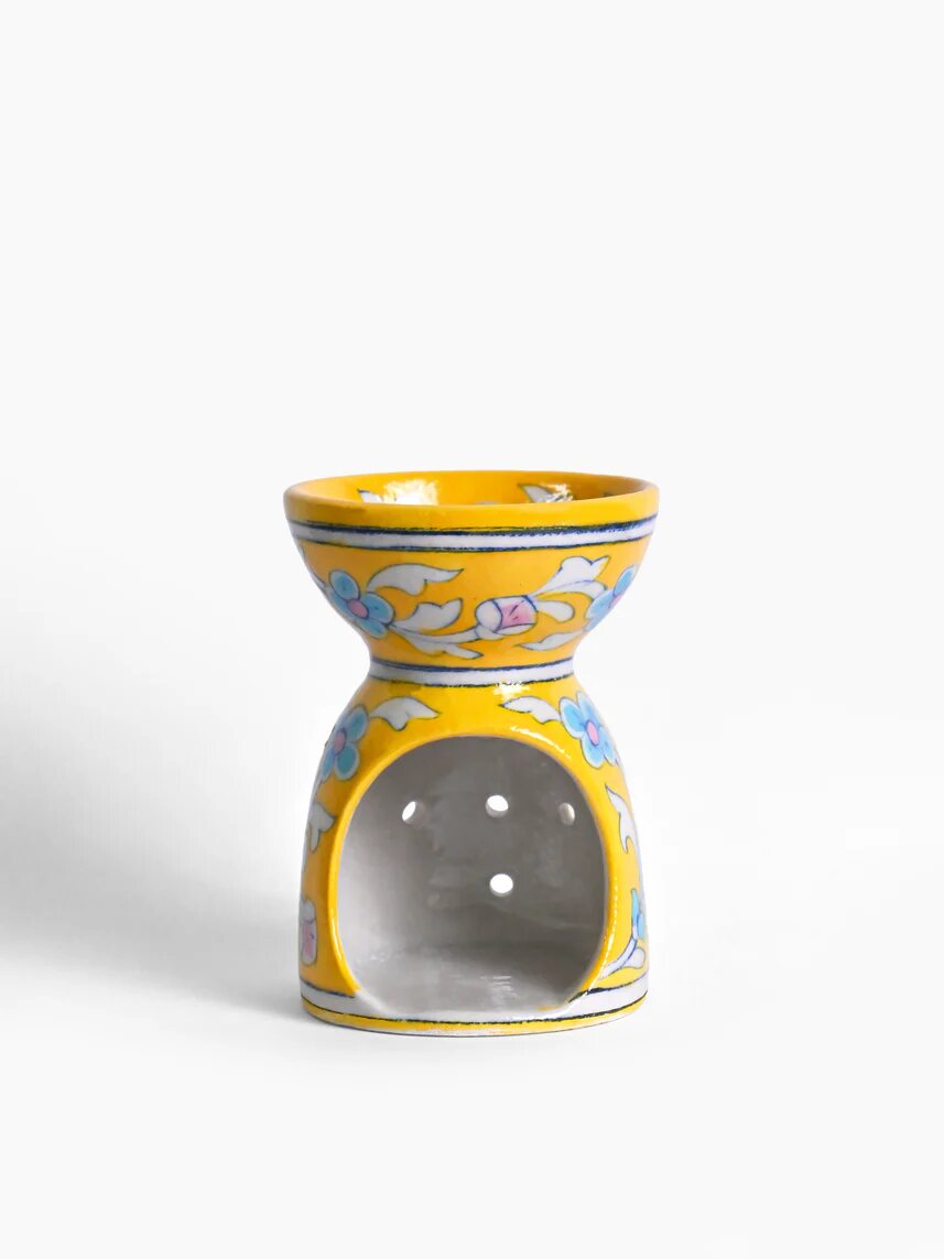Yellow Floral Oil Burner — Jaipur Blue Pottery