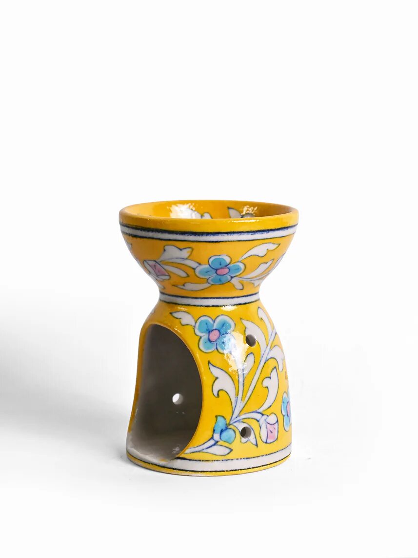 Yellow Floral Oil Burner — Jaipur Blue Pottery