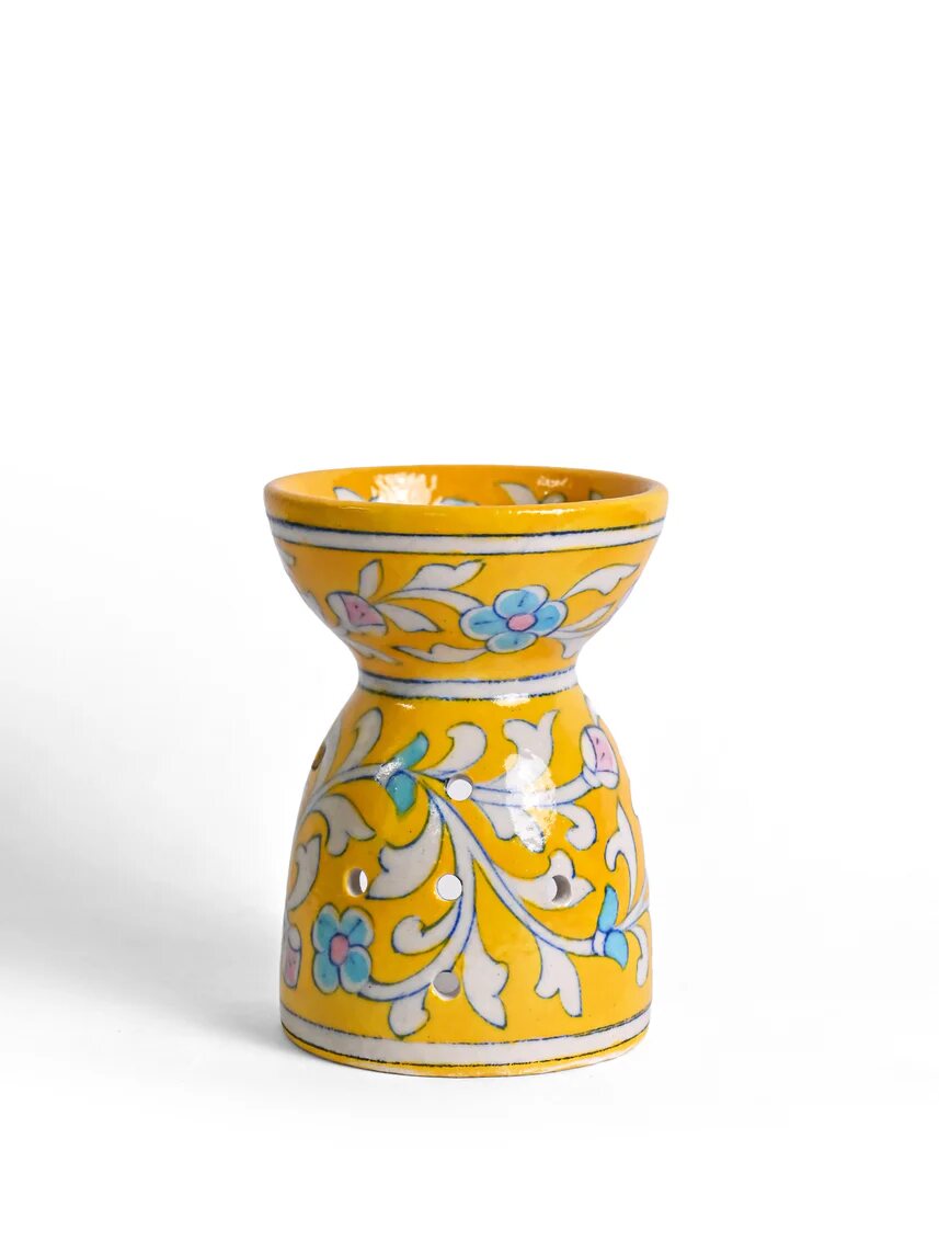 Yellow Floral Oil Burner — Jaipur Blue Pottery