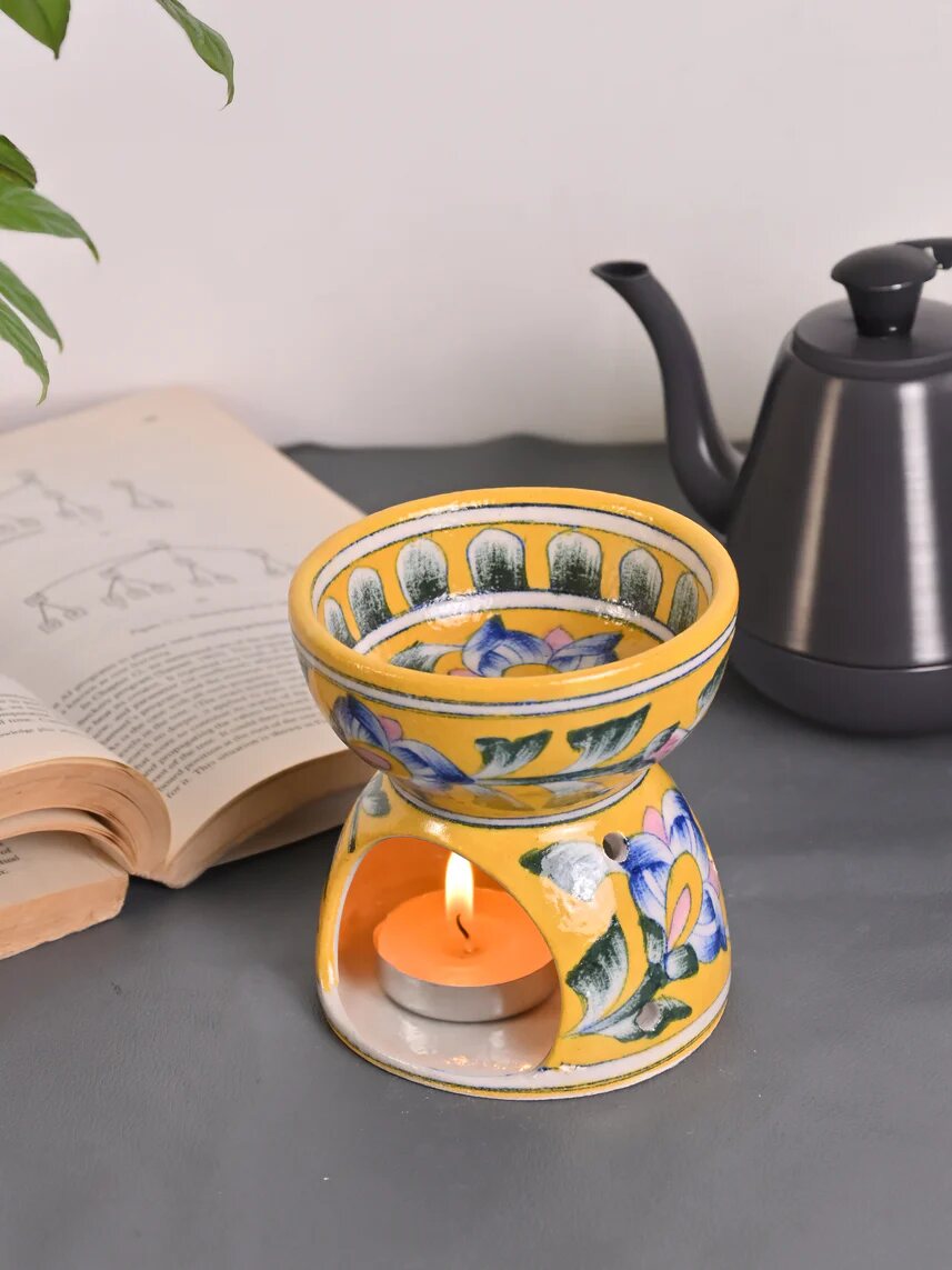 Yellow & Blue Floral Oil Burner — Jaipur Blue Pottery
